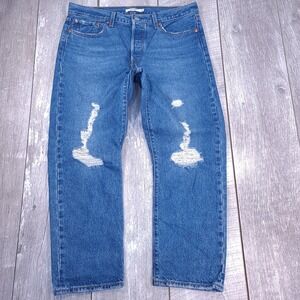 Levi's Wedgie Straight Jeans Women 32 Blue Distressed Ripped Cotton Denim